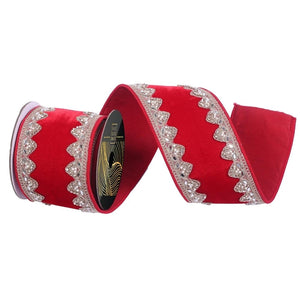 4"x5yd Red Velvet Jewel Champagne Pearl Trim Christmas Ribbon 1