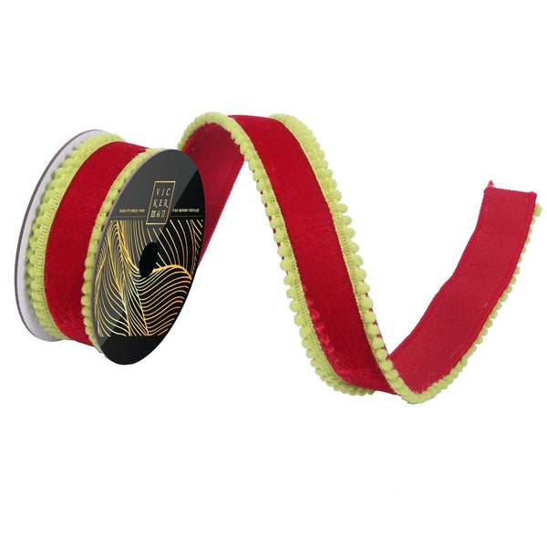 1.5" x 10Yd Red Velvet Lime Pom Pom Dupion Christmas Ribbon 1