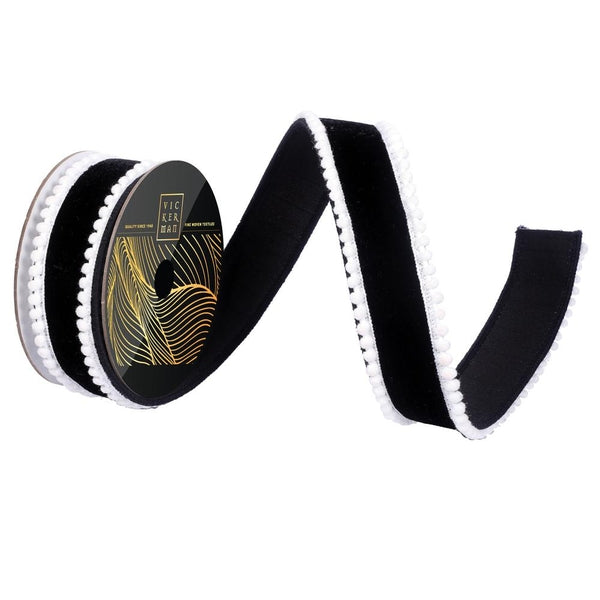 1.5" x 10Yd Black Velvet White Pom Pom Dupion Christmas Ribbon 1