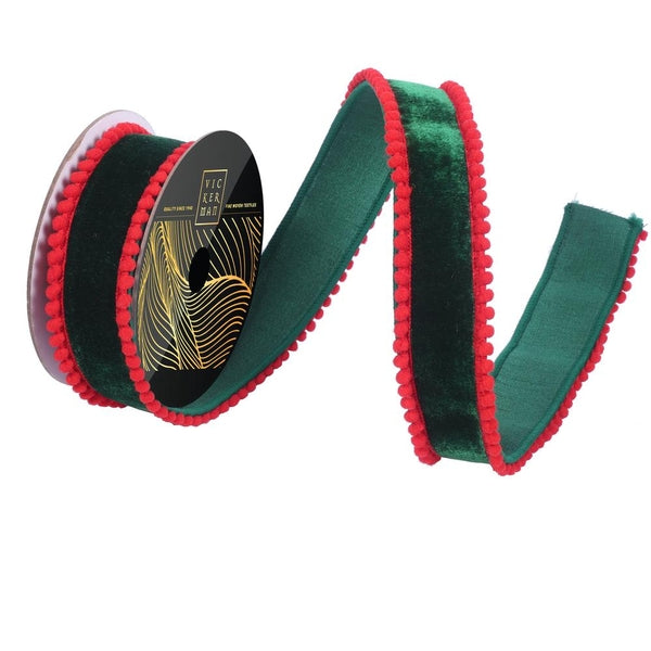 1.5" x 10Yd Emerald Velvet Red Pom Pom Dupion Christmas Ribbon 1