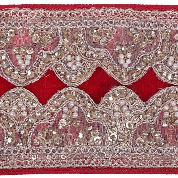 4"x5yd Red Velvet Champ Sequin Jewel Pearl Christmas Ribbon 2