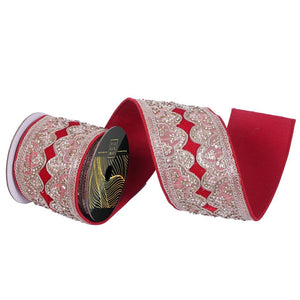 4"x5yd Red Velvet Champ Sequin Jewel Pearl Christmas Ribbon 1