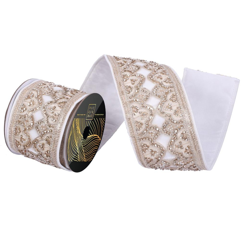4"x5yd Ivory Velvet Champ Sequin Jewel Pearl Christmas Ribbon 1