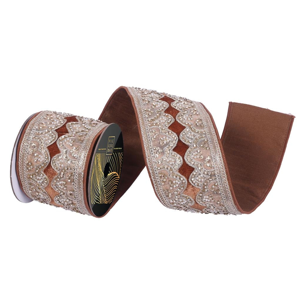 4"x5yd Mocha Velvet Champ Sequin Jewel Pearl Christmas Ribbon 1
