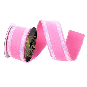 2.5" x 5yd Pink Velvet Iridescent Sequin Trim Christmas Ribbon 1