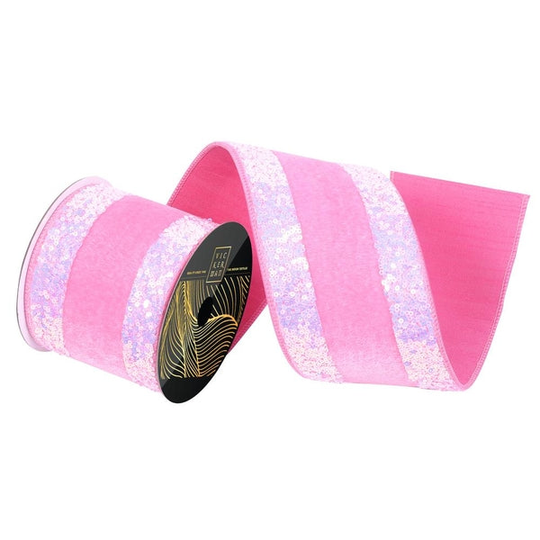 4"x5yd Pink Velvet Jewel Sequin Pearl Trim Christmas Ribbon 1