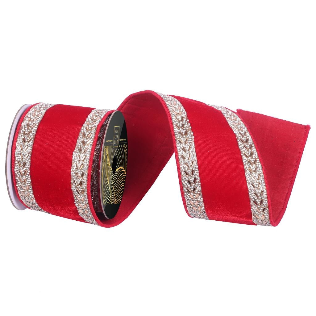 4"x10yd Red Velvet Gold Jewel Trim Christmas Ribbon 1