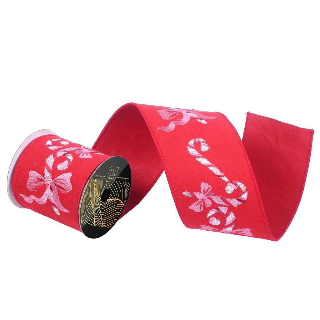 4"x10yd Red Felt Candy Cane and Bow Christmas Ribbon 1