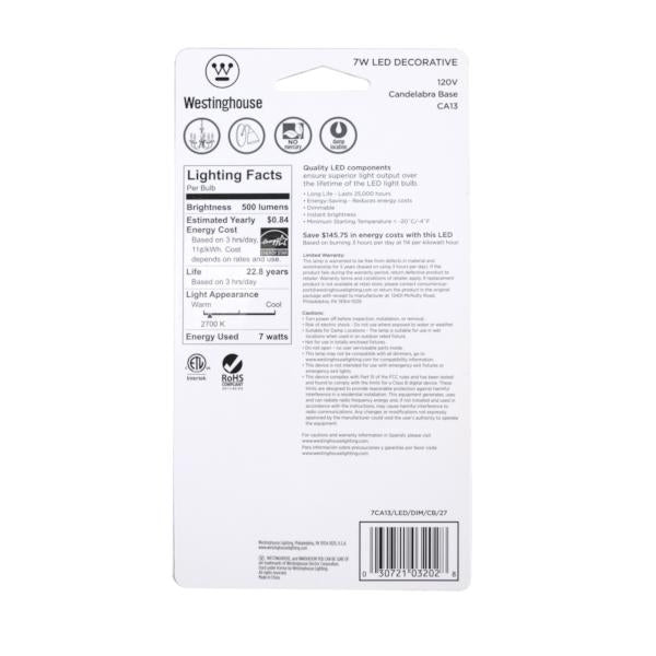7 watt 120 volt CA13 Candelabra Screw Base 2700K Clear Disc Filament Dimmable LED 5