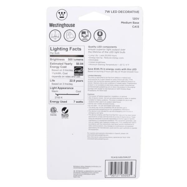 7 watt 120 volt CA13 Medium (E26) Base 2700K Warm White Clear Disc Filament Dimmable LED 5