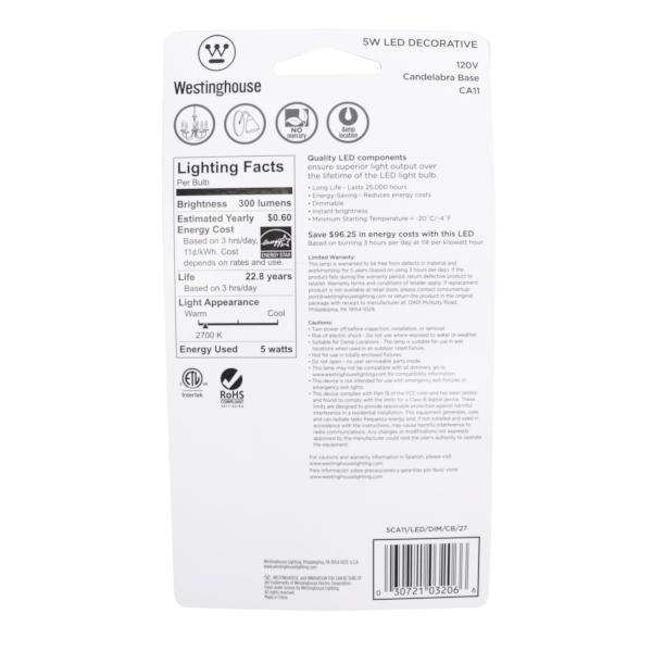 5 watt 120 volt CA11 Candelabra E12 Base Clear Disc Filament 2700K Warm White Dimmable LED 5