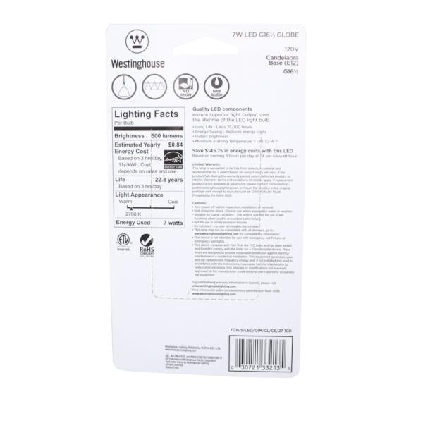 7 watt 120 volt G16.5 Candelabra Screw Base 2700K Warm White Clear Disc Filament Dimmable LED 5