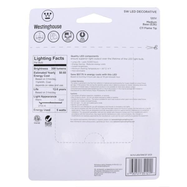5 watt 120 volt C11 Medium Screw Base 2700K Warm White Clear Disc Filament Dimmable LED (2 pack) 5