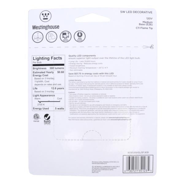 5 watt 120 volt C11 Medium Screw Base 2700K Warm White Clear Disc Filament LED (2 Pack) 5