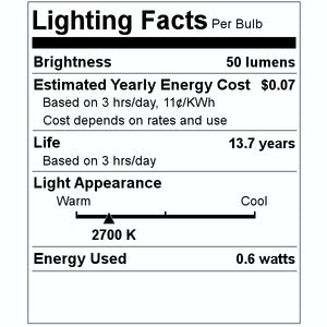 0.6 watt 120 volt C7 Candelabra Screw Base 2700K Warm White (2 Pack) 2