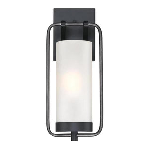 1 Light Matte Black and Distressed Aluminum with Frosted Glass Outdoor Wall Fixture 2