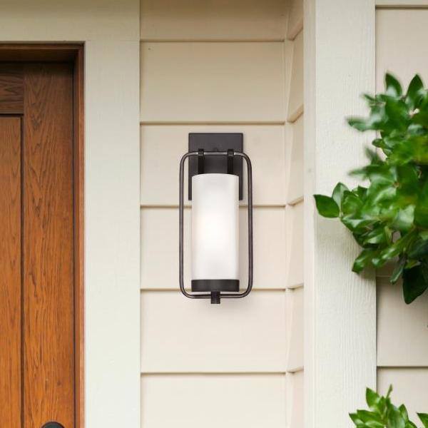 1 Light Matte Black and Distressed Aluminum with Frosted Glass Outdoor Wall Fixture 4