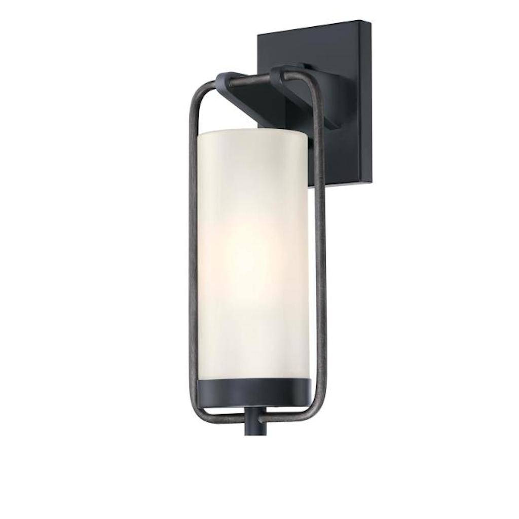 1 Light Matte Black and Distressed Aluminum with Frosted Glass Outdoor Wall Fixture 1