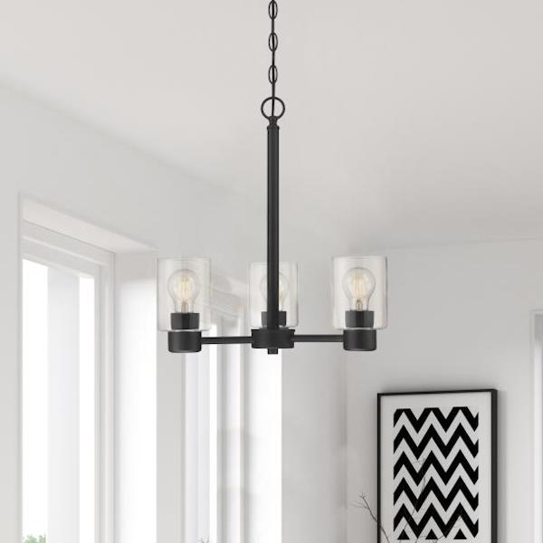 3 Light Matte Black with Clear Glass Chandelier Light Fixture 3