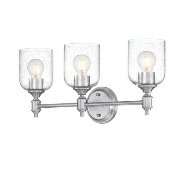 3 Light Brushed Nickel  with Clear Seeded Glass Shades Wall Light Fixture 2