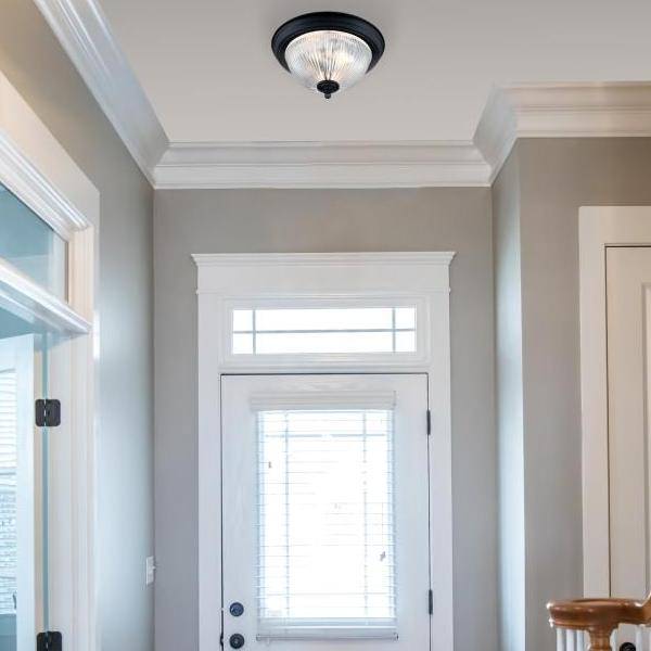 1 Light 11" Round Matte Black Crystal Ribbed Glass Shade Ceiling Light Fixture 3