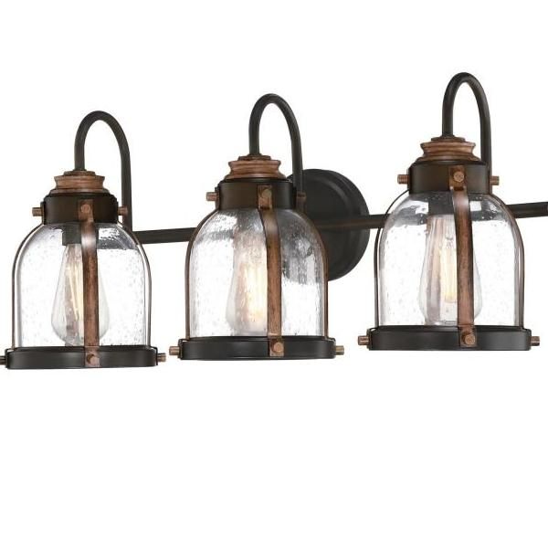3 Light Oil Rubbed Bronze with Barnwood Accents Clear Seeded Glass Indoor Wall Fixture 2
