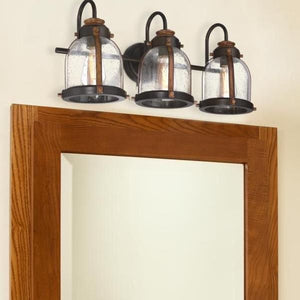 3 Light Oil Rubbed Bronze with Barnwood Accents Clear Seeded Glass Indoor Wall Fixture 4