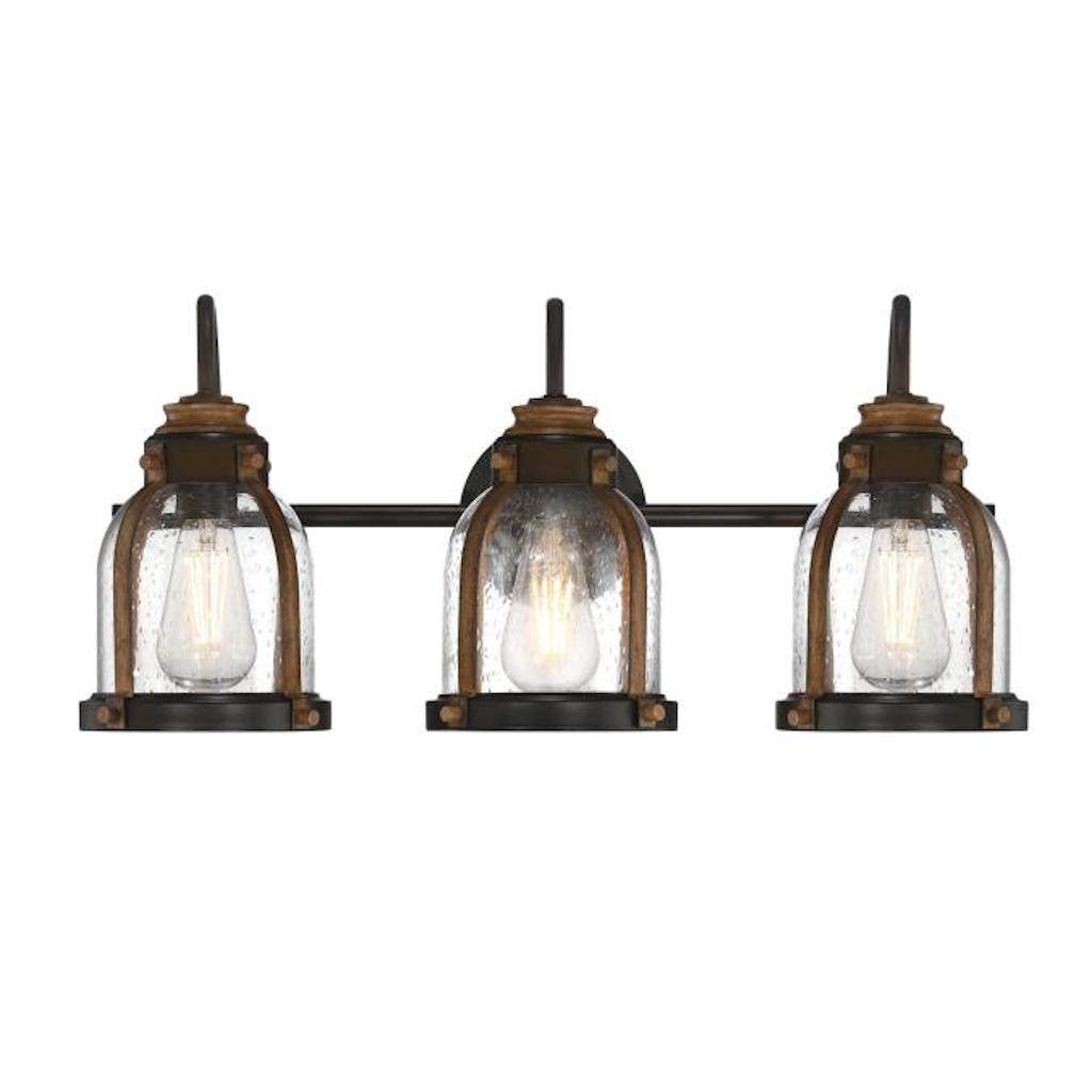 3 Light Oil Rubbed Bronze with Barnwood Accents Clear Seeded Glass Indoor Wall Fixture 1
