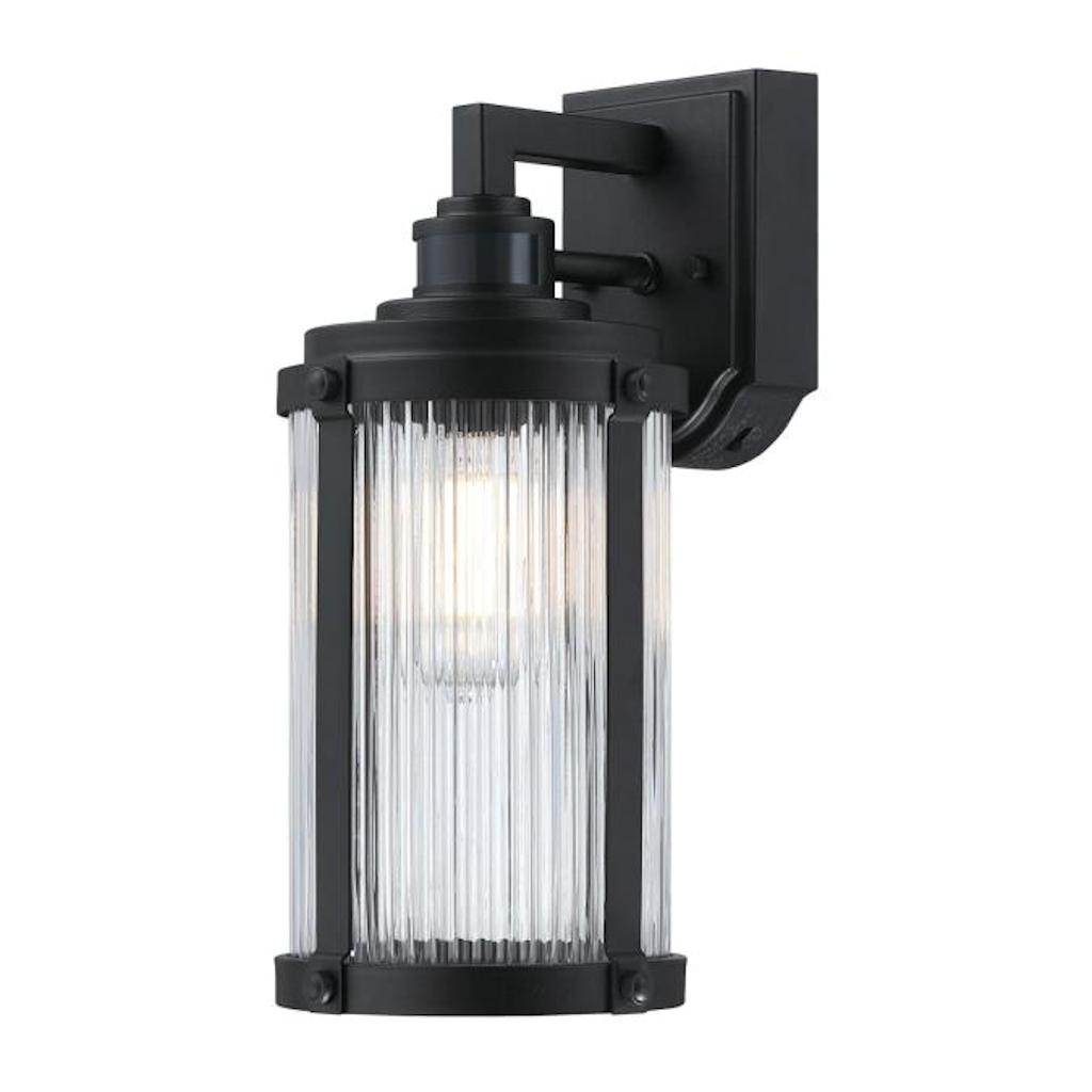1 Lamp Textured Black Clear Ribbed Glass Motion Activated Outdoor Wall Light Fixture 1