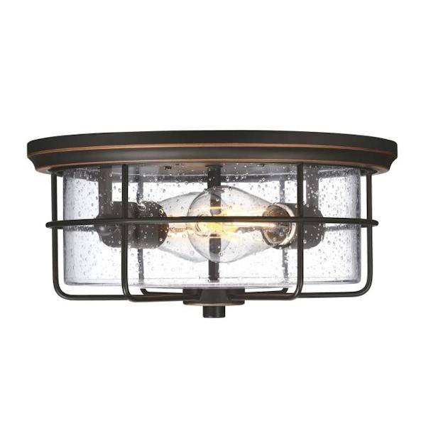 12.8"  2 Light Black/Bronze Clear Seeded Glass Flush Mount Light Fixture 2