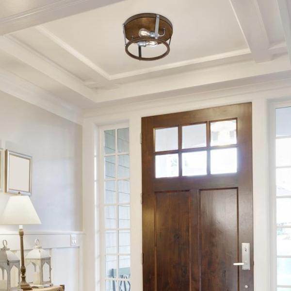 14" 2 Light Barnwood Galvanized Steel Accents Flush Mount Light Fixture 3