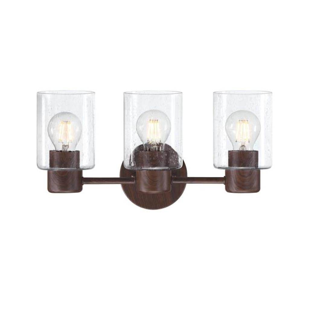 3 Light Walnut Clear Seeded Glass Wall Light Fixture 1