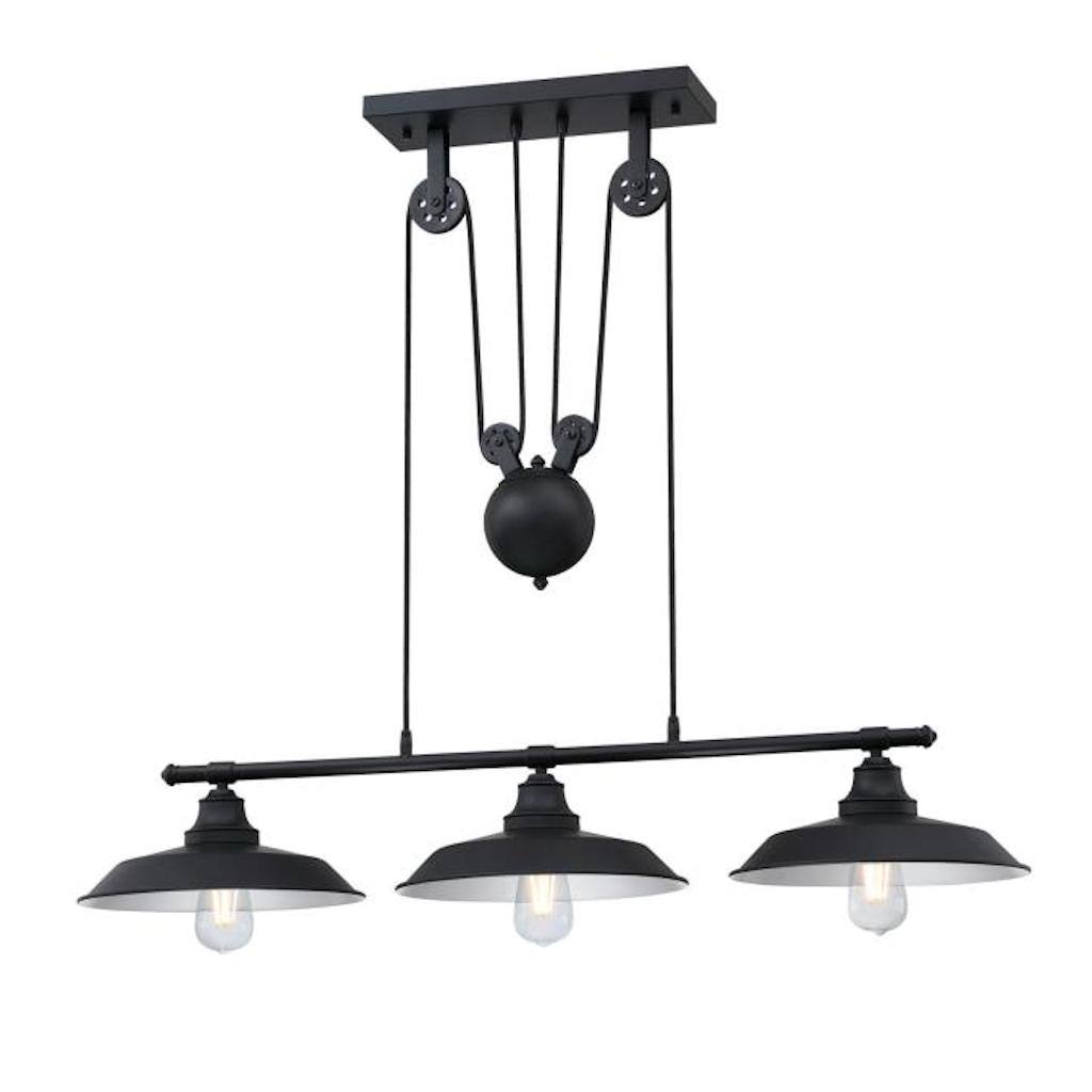 3 Light Matte Black Pulley Pendant Light Fixture 1