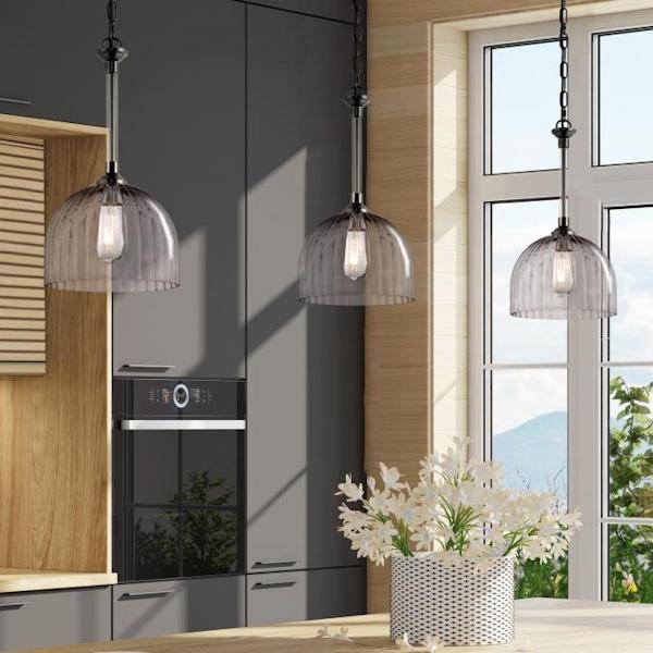 1 Lamp Gun Metal Finish Pendant Light Fixture Smoke Grey Ribbed Glass 2