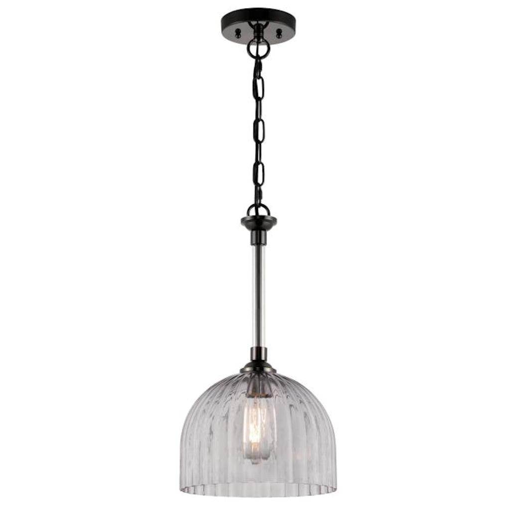 1 Lamp Gun Metal Finish Pendant Light Fixture Smoke Grey Ribbed Glass 1