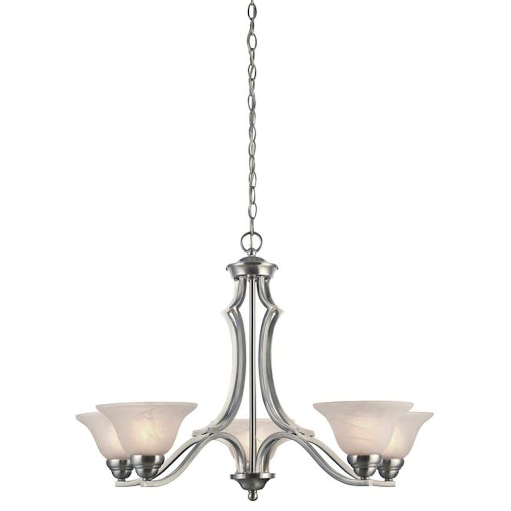 5 Light (Medium Screw Base) 30.5" Fallon Satin Platinum Finish with White Alabaster Glass Chandelier Light Fixture 1
