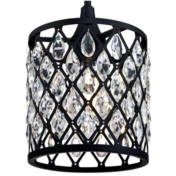 1 Light Matte Black Finish Mesh with Crystals Mini Pendant Light Fixture 2