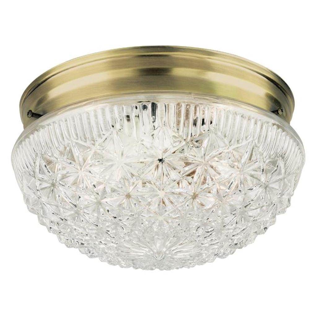 2 Light 9" Round Antique Brass Clear Faceted Glass Shade Ceiling Light Fixture 1