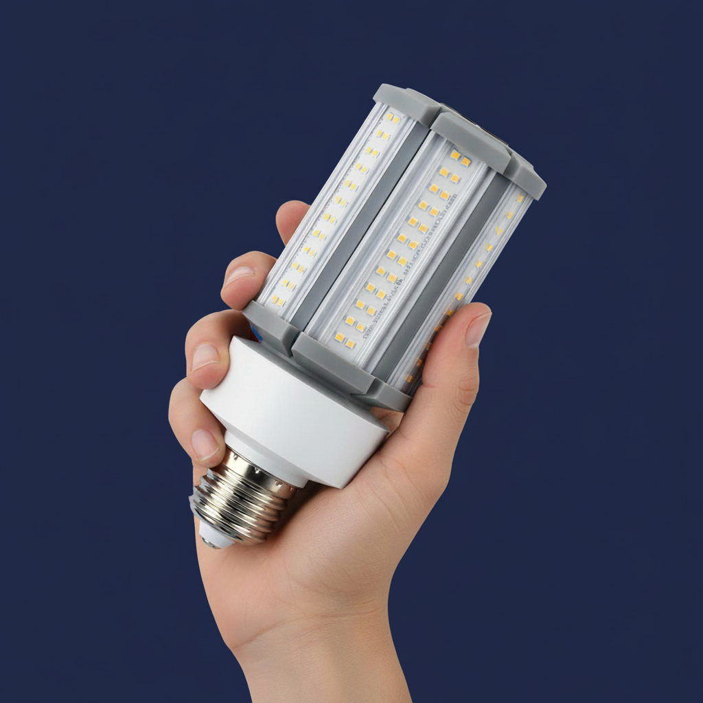 Hand holding LED bulb on navy background