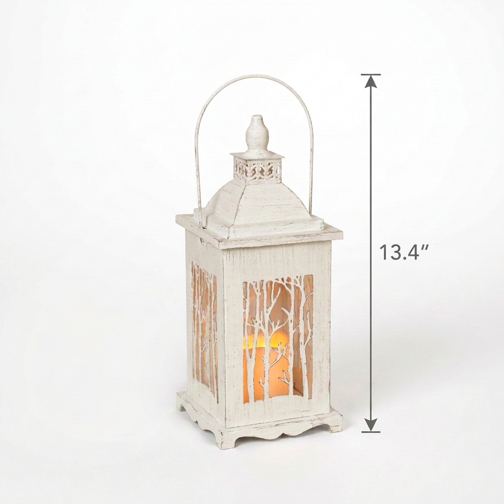 Lantern with a 13.4-inch height dimension on the right
